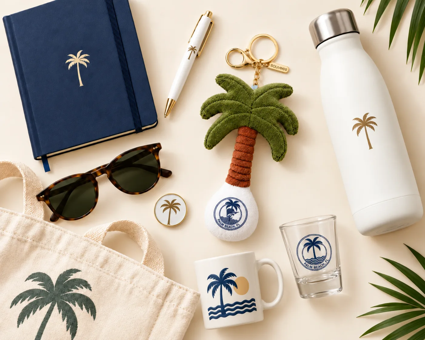 Flat-lay comparison of traditional promotional items—notebook, water bottle, pen, tote bag, and mug—centered around a custom Souvees palm tree plush bag charm with a Palm Beach logo tag.