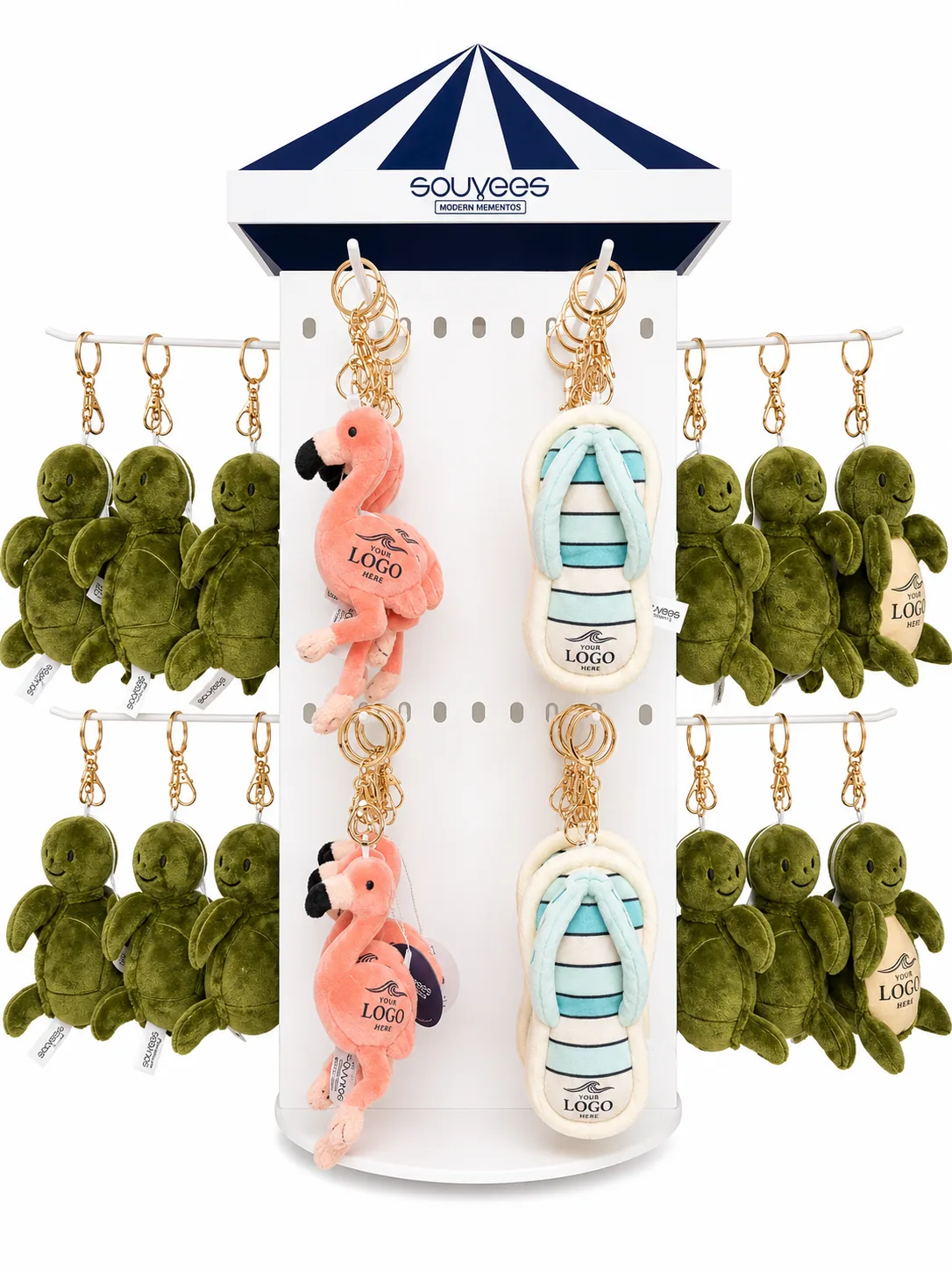 Souvees rotating retail display with Palmer, Flo, and Sheldon plush bag charms
