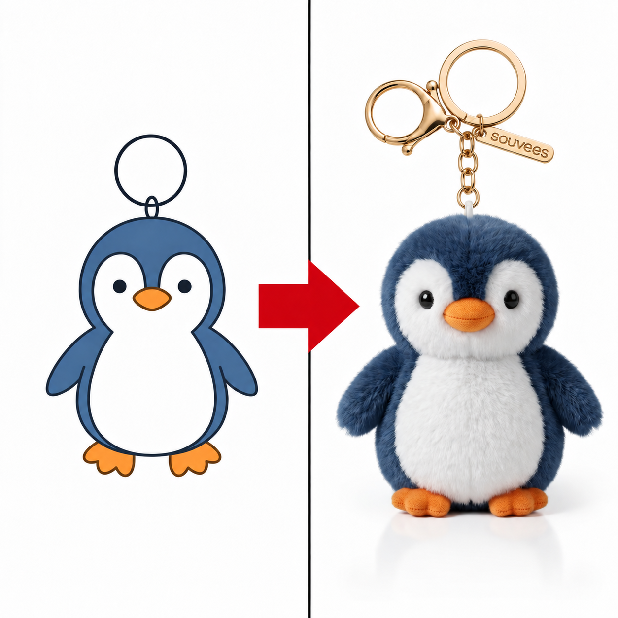 Custom development example: a simple penguin concept sketch next to the finished Souvees penguin plush bag charm with its gold-tone clip