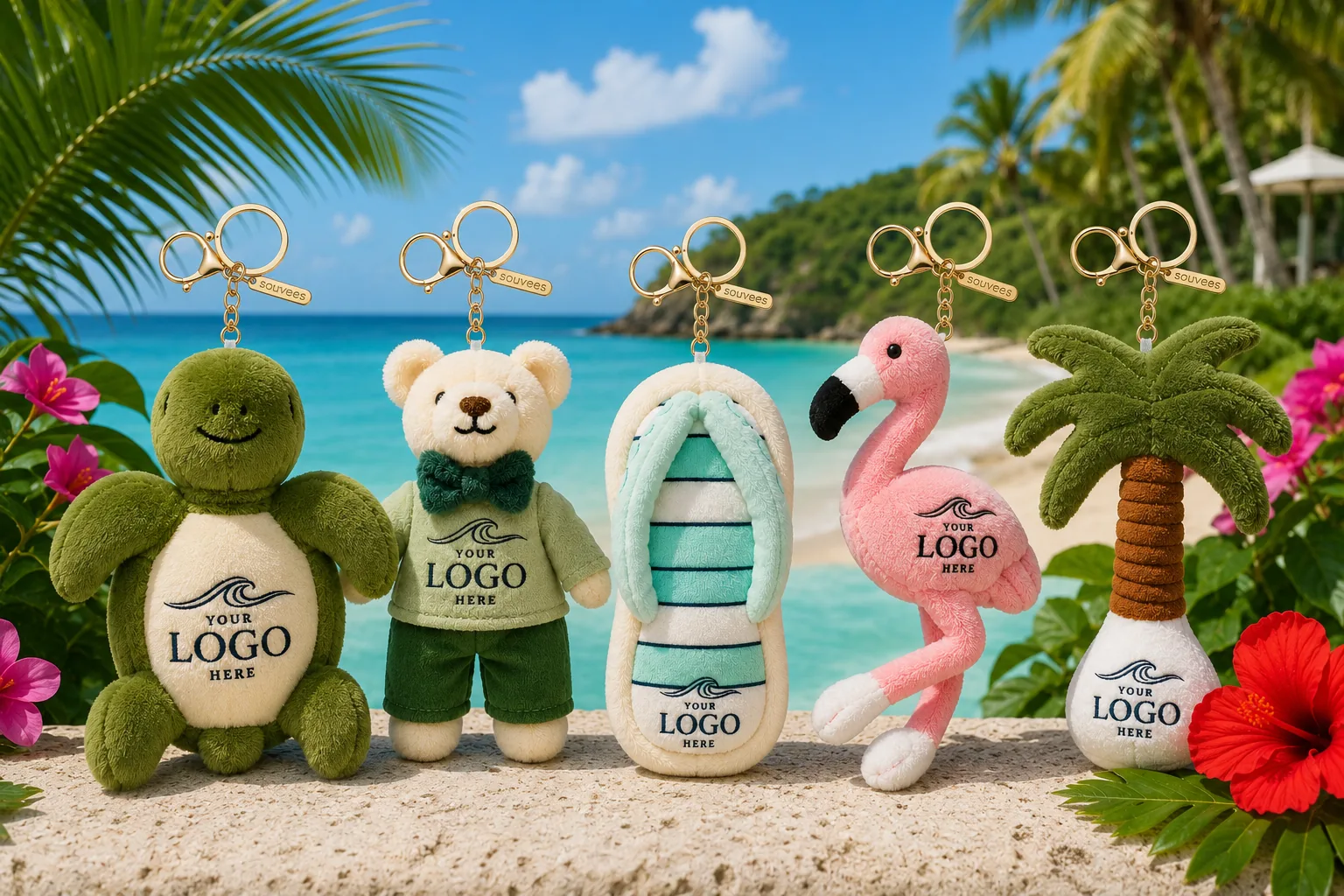 Five Souvees plush bag charms (Sheldon, Porter, Flippy, Flo and Palmer) with sample logos, lined up on a tropical beach