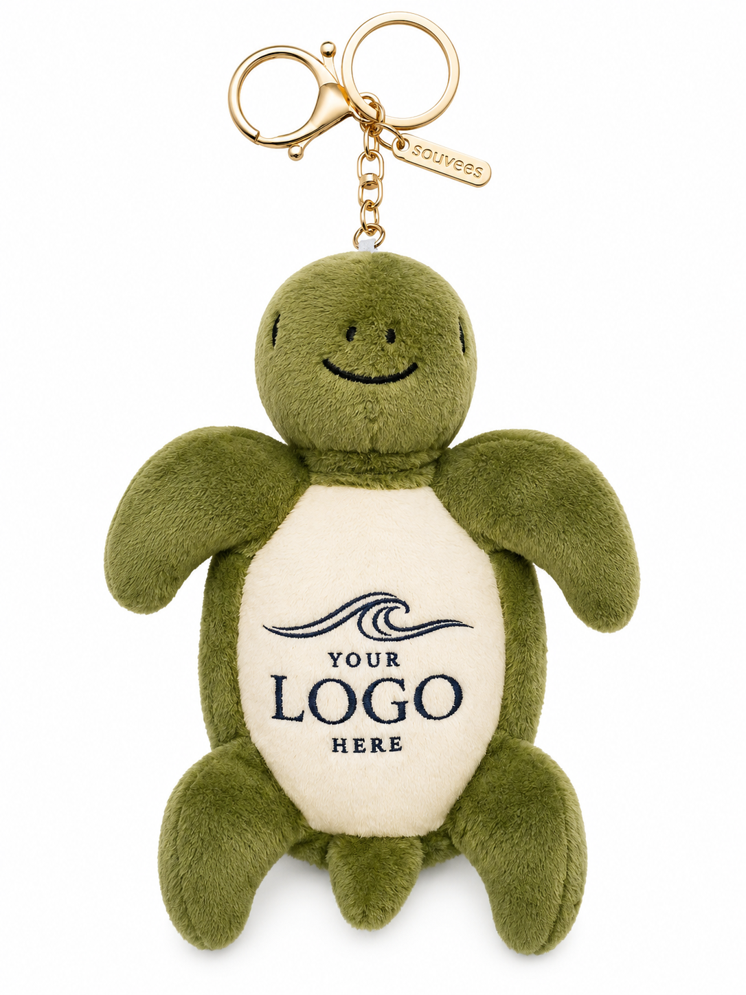 Sheldon sea turtle plush bag charm with a sample logo for a bachelorette trip