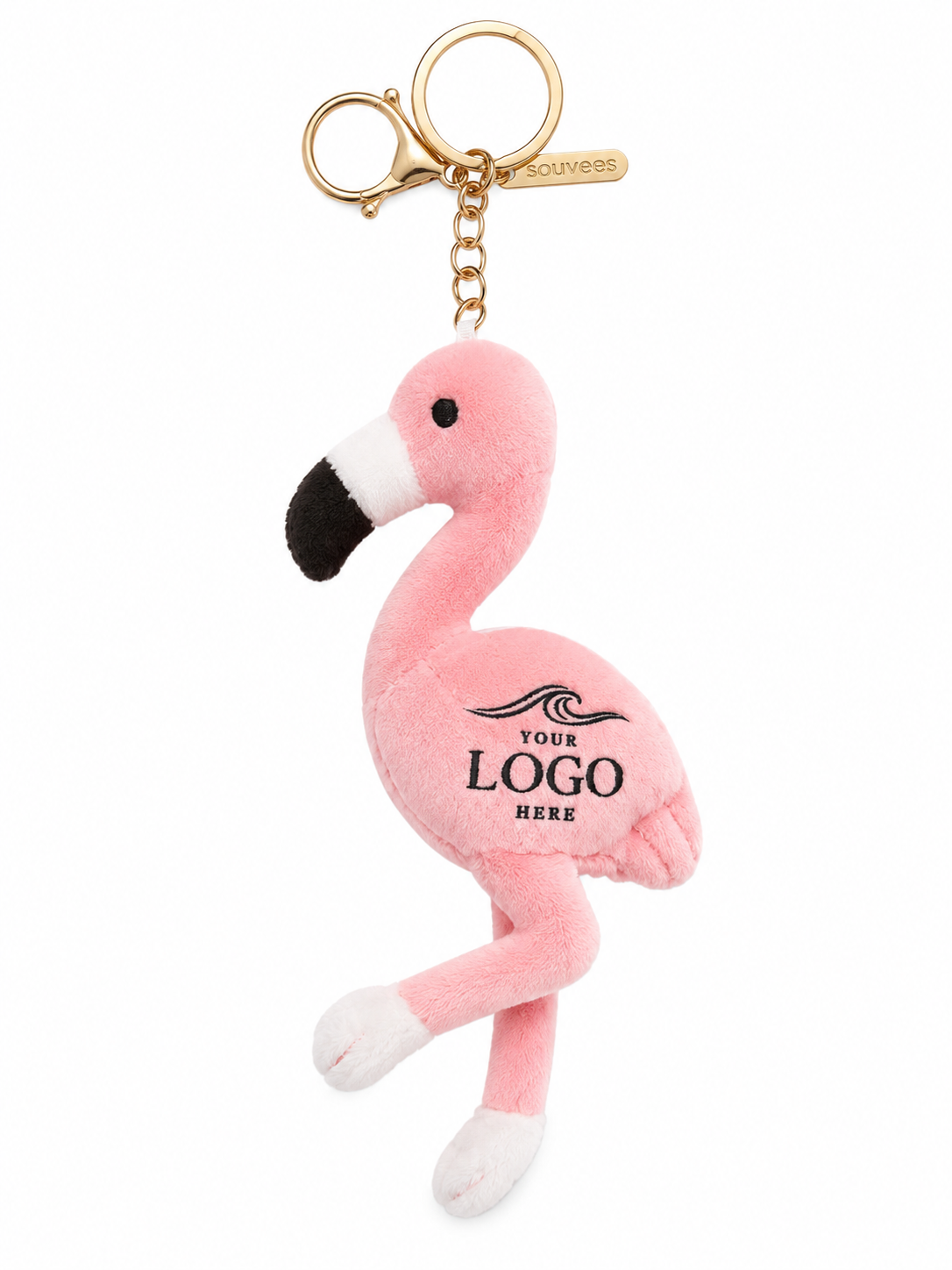 Flo flamingo plush bag charm with sample wedding artwork on the logo area