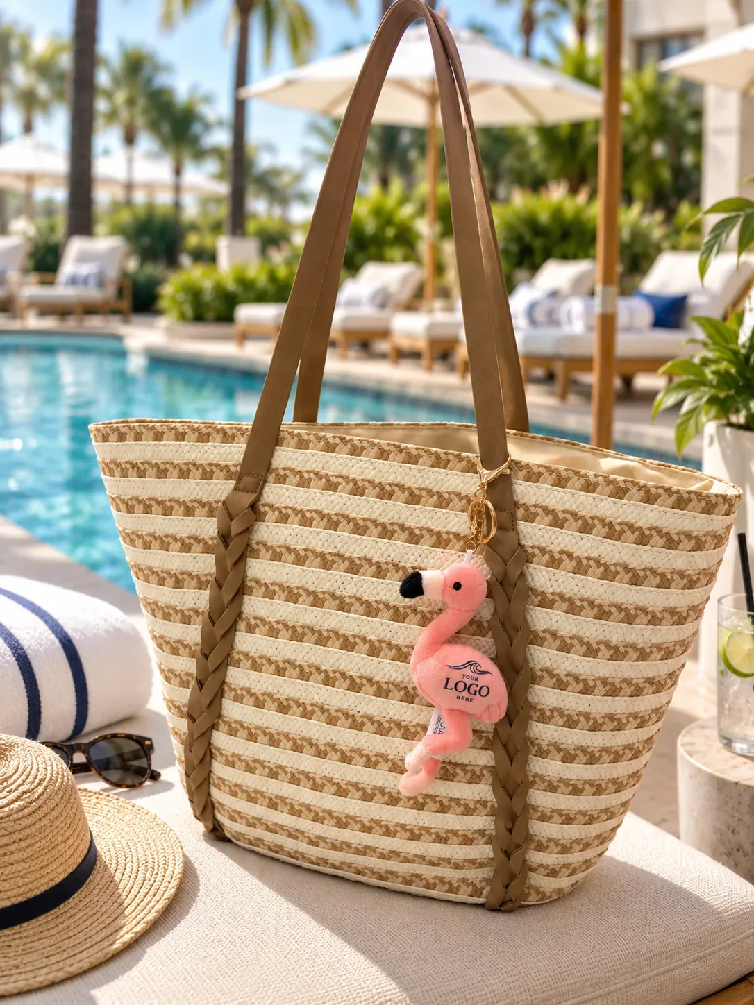 Souvees flamingo plush bag charm on a woven resort tote by a pool