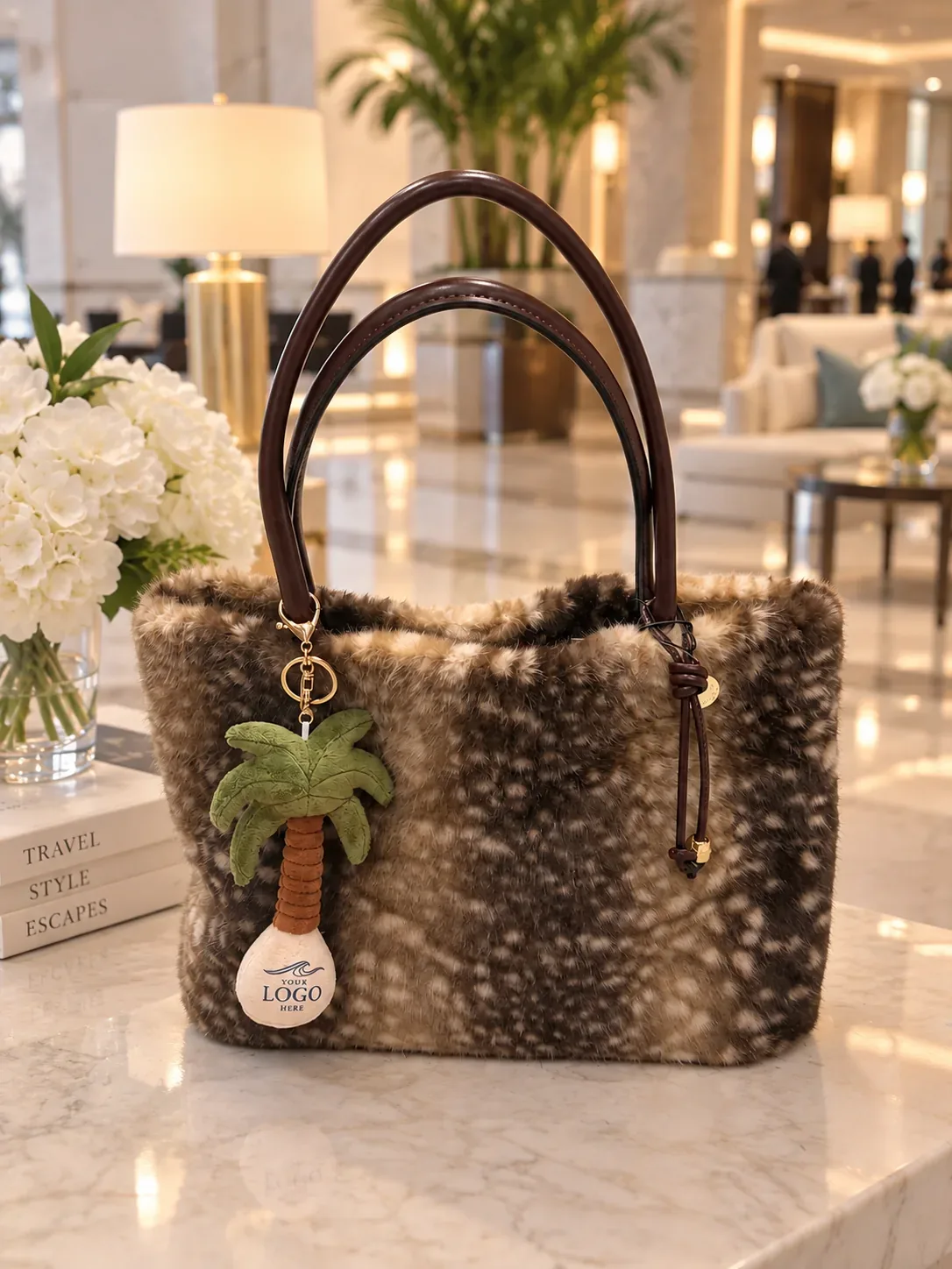 Souvees palm tree charm clipped to a designer tote bag in a bright resort lounge