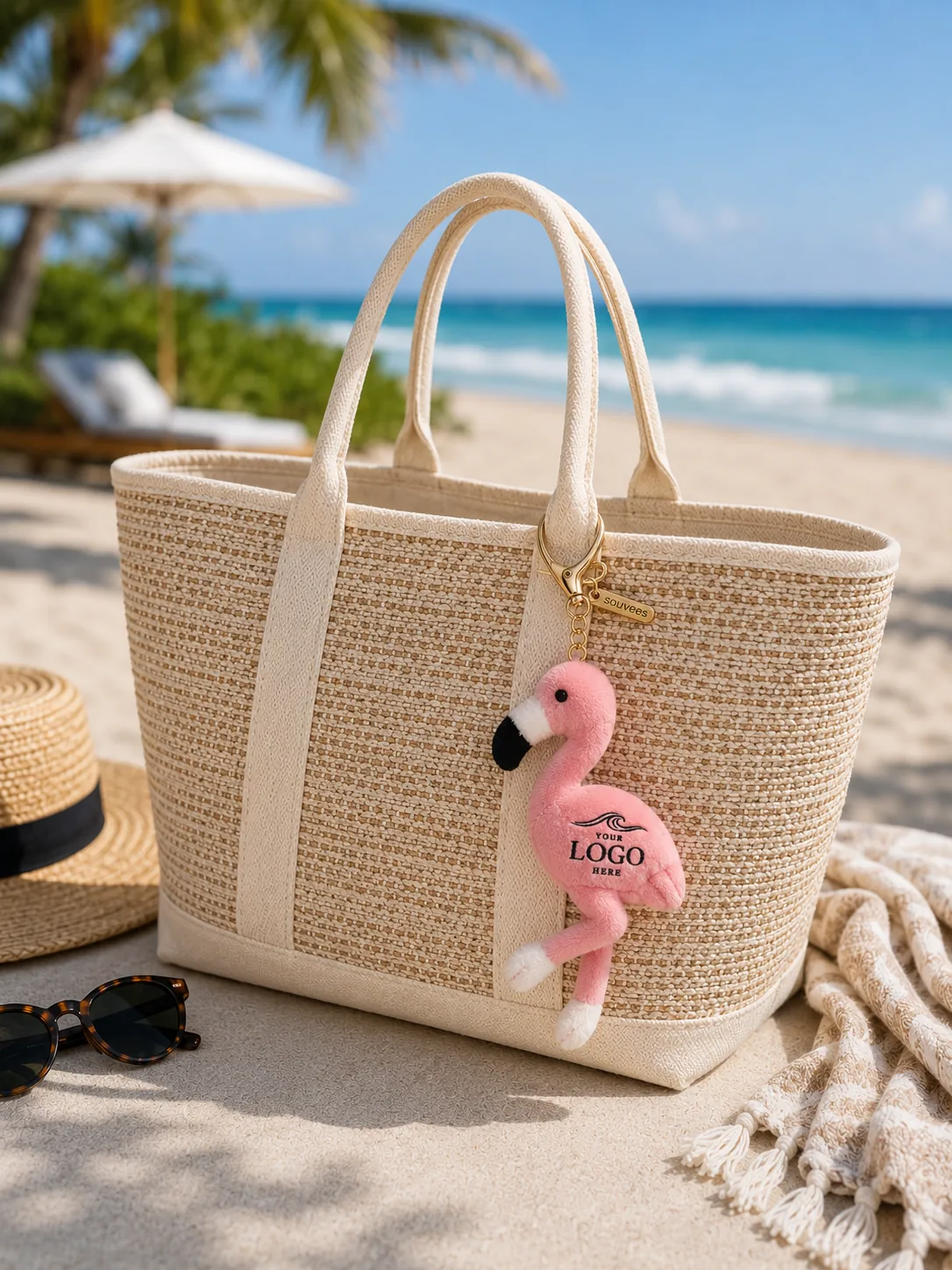 Flo flamingo plush bag charm styled on a bag