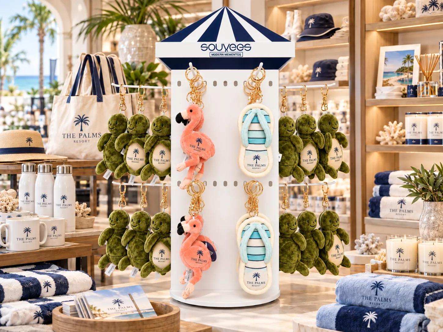 Souvees rotating display of personalized flamingo, flip-flop and sea turtle plush bag charms in a resort hotel gift shop.