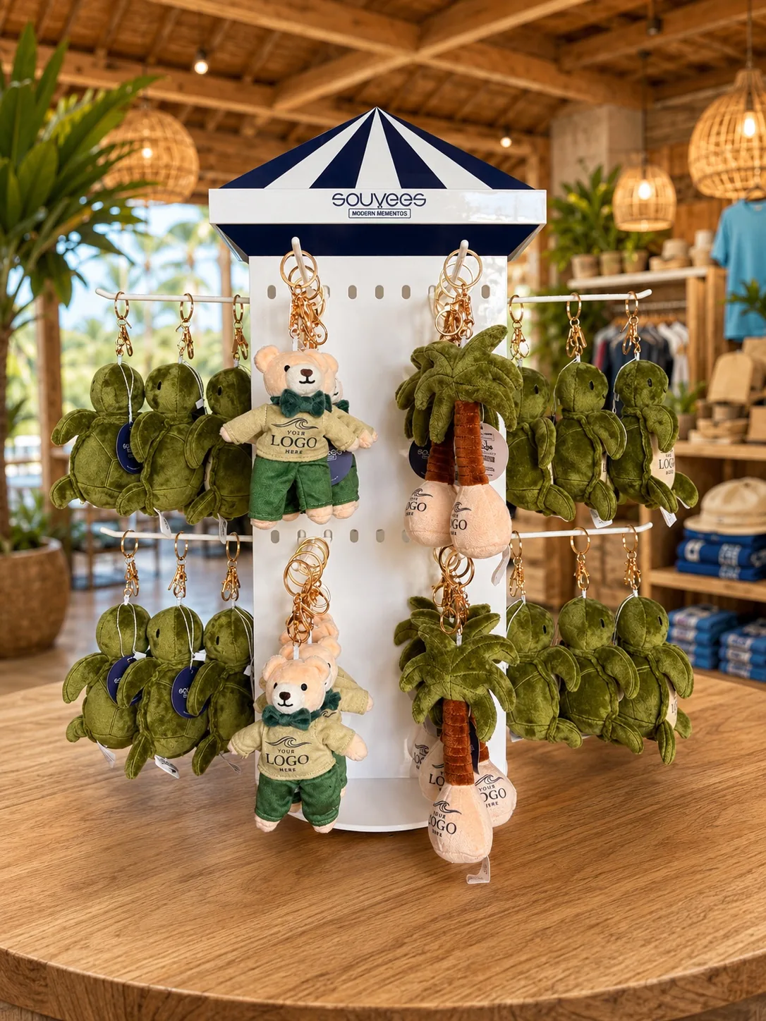 Souvees plush bag charms arranged on a branded rotating retail display in a resort shop